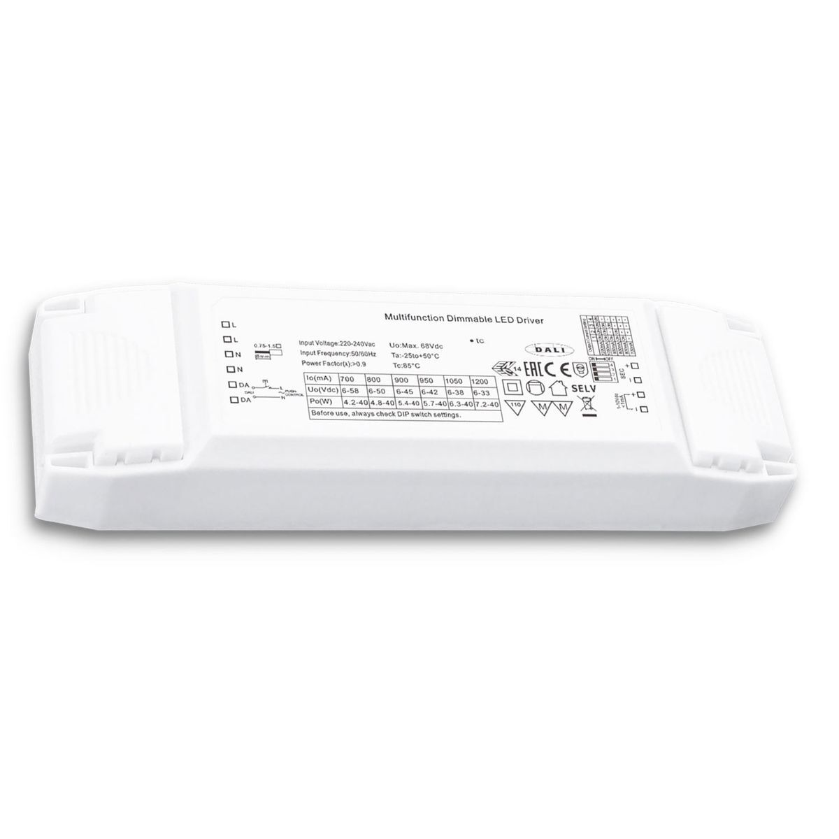 LED Konstantstrom Trafo 700/800/900/950/1050/1200mA, 40W, Push/0-10V/DALI dimmbar, SELV