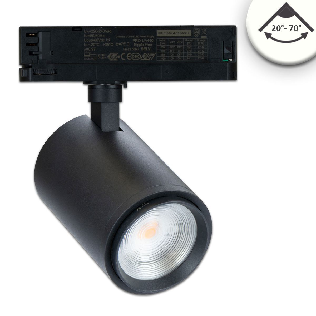 LED 3-Phasen Schienen-Strahler fokussierbar 20°-70°, 42W,  5100lm, schwarz, 4000K, CRI/Ra92