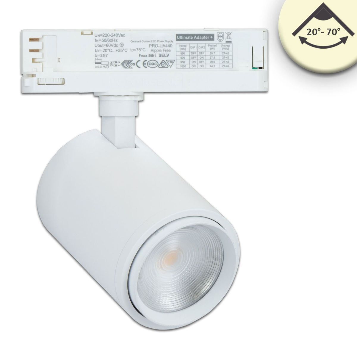 LED 3-Phasen Schienen-Strahler fokussierbar 20°-70°, 42W,  4200lm, weiß, 3500K, CRI/Ra92
