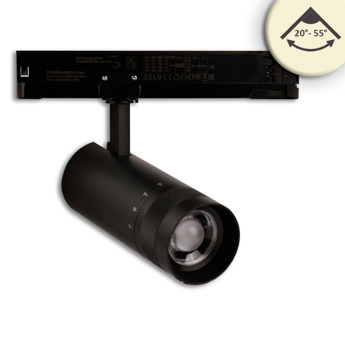 LED 3-Phasen-Strahler 24W, fokussierbar 20°-55°, schwarz matt, 3000K, 2120lm, CRI/Ra90, DALI dimmbar